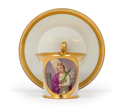 A “St. Barbara” cup and saucer, - Sklo, Porcelán