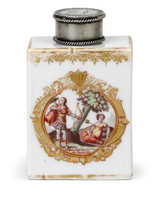 A tea caddy with silver lid and inset coin “FRID. AUGUST. D. G. DUX SAX. ELECTOR”, - Glass and porcelain