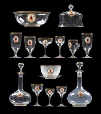 A set of glasses with coat of arms and seven-tined coronet, - Glass and porcelain