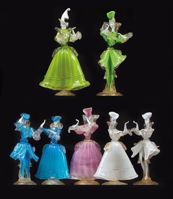 Venetian costumed figures and 1 masked lady, - Glass and porcelain