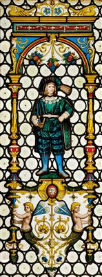 A lead glass window with the depiction of a young gentleman with a sword, - Vetri e porcellane