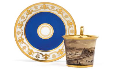 "Le village dit. Lainz, pres de Vienne" – A cup and saucer, - Sklo a Porcelán