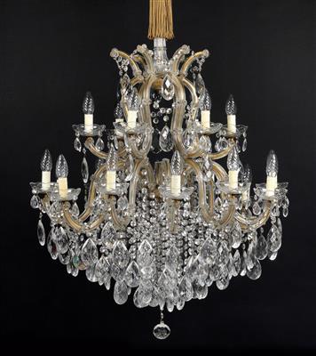 A crown-type glass chandelier and a pair of sconces, - Glass and Porcelain