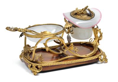 A small epergne with 2 lattimo condiment containers and gilt bronze mounts on wood board, - Glass and Porcelain