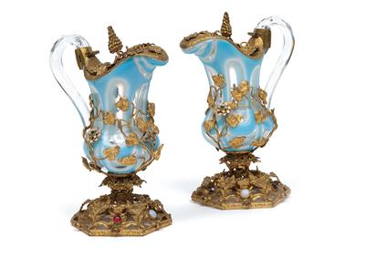 A pair of small glass jugs with gilt metal mount, - Glass and Porcelain