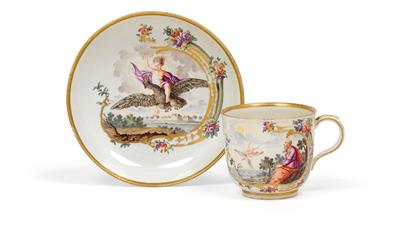A cup and saucer decorated with mythological scenes, - Vetri e porcellane
