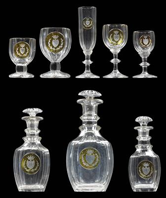 A glass service with 5-pointed crown and bearing the monogram AP, - Glass and Porcelain