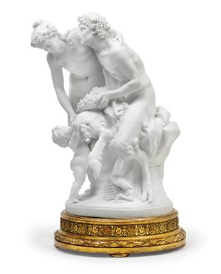 A Bacchante with a faun and a child on a gilt wood base, - Vetri e porcellane