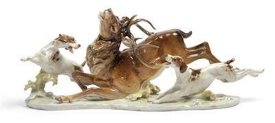 A stag attacked by 2 hounds, - Sklo a Porcelán