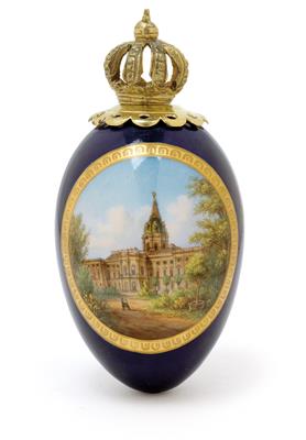 An Easter egg with a “View of the Royal Palace in Charlottenburg, facing the gardens”, - Vetri e porcellane