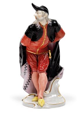 Pantaloon wearing a black cap, coat and red trouser suit, - Sklo a Porcelán