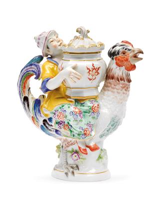 Chinese mounted on a rooster holding a ginger pot with lid, - Glass and Porcelain