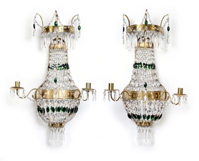 A pair of fixtures for candles, each with 2 sockets, - Glass and Porcelain