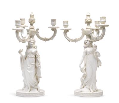 A pair of candelabra with allegorical female figures, - Glass and Porcelain