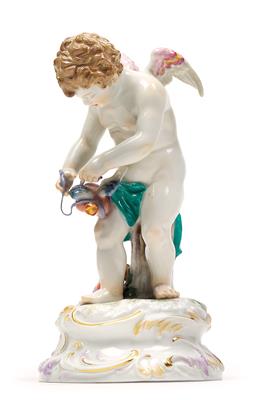 Cupid Tying Together 2 Burning Hearts with Wings, - Glass and Porcelain