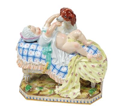 A Baby Lying on a Canapé, Playing with a Dog, - Sklo a Porcelán