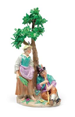A Figural Tree Group with Peasant Playing Alphorn and Peasant Woman Listening, - Glass and Porcelain