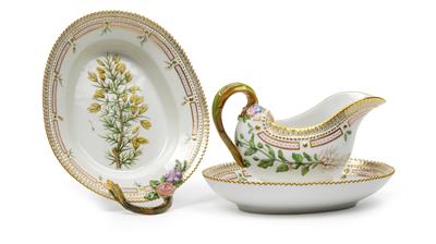 Flora Danica Sauce Tureen with Attached Saucer "Lysimachia nummularia L." and a Leaf Shaped Tray "Ulex ruropaeus L.", - Glass and Porcelain