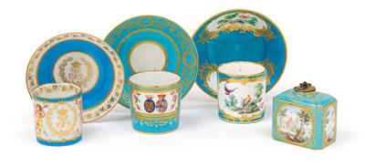 Three French Cups and Saucers, and 1 Flacon with Cork Stopper, - Vetri e porcellane