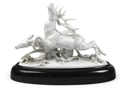 A Stag Group with Original Black Wooden Base, - Vetri e porcellane