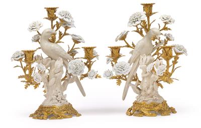 A Pair of Decorative Yellow Metal Girandoles, - Glass and Porcelain