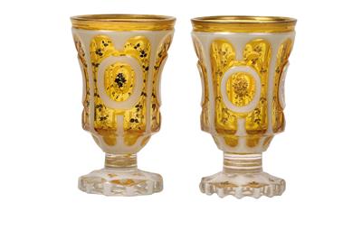 A Pair of Footed Beakers with Gold and Silver Flower Tendrils, - Glass and Porcelain