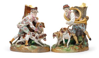 A Pair of Hunting Centrepieces, - Glass and Porcelain