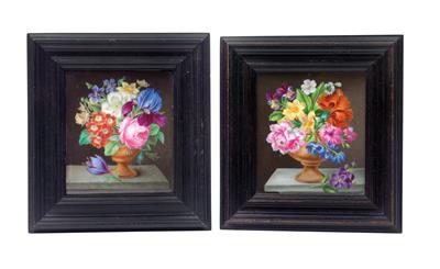 A Pair of Porcelain Pictures with Bouquets of Flowers in Vases on a Marble Table, - Vetri e porcellane