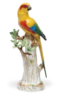 A Parrot Perched on a Tree Trunk with Oak Leaves, - Glass and Porcelain