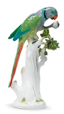 A Parrot Perched on a Tree Trunk with Oak Leaves, Eating, - Vetri e porcellane