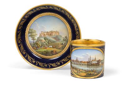 Tasse mit "Dresden" und Untertasse mit "Königstein" Veduten, - Glas und Porzellan