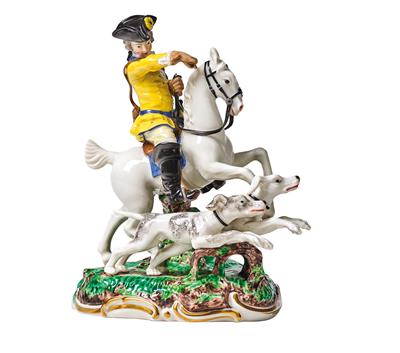 A Hunter on a Galloping Horse Holding Reins and Whip in his Hands, Two Hunting Dogs Running at his Side, - Glass and Porcelain