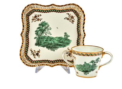 A Tray and Double-Handle Cup, - Glass and Porcelain