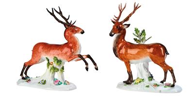 Ein stehender Hirsch und ein springender Hirsch, - Sklo a Porcelán