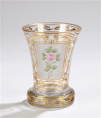 A Footed Beaker with 3 Rose Motifs on Matte Ground, Bohemia, late 20th century, - Vetri e porcellane