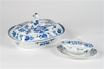 An Onion Pattern Rectangular Bowl with Cover and a Sauce Tureen with Attached Saucer, Meissen - Glass and Porcelain