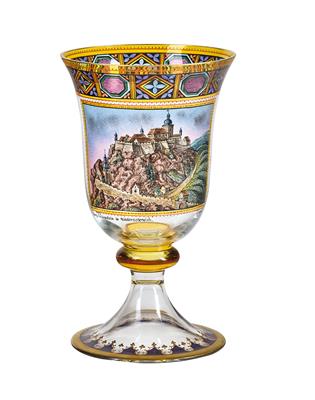 Pokal mit der Ansicht 'Burg Seebenstein in Niederösterreich' oder Burg Pitten, - Sklo a porcelán