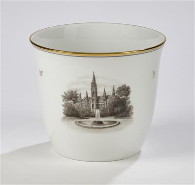 Bauchige Vase mit grisaille gemalter Ansichten von Wien RATHAUS, Augarten, Wien um 1960, - Glas & Porzellan