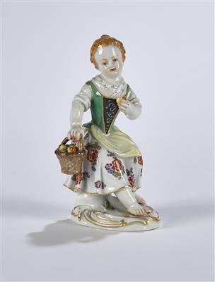 Sitzendes Mädchen mit Apfelkorb und Apfel, Meißen um 1980, - Sklo a porcelán