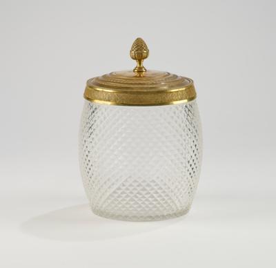 Glasgefäß für Eiswürfel mit Gelbmetallmontierung und Deckel, Böhmen um 1930, - Glass & Porcelain