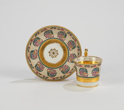 Kaiserliche Manufaktur Wien 1813, Tasse und Untertasse mit Stoffdesign, - Glas und Porzellan