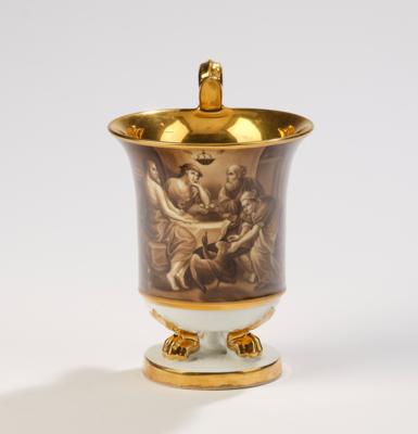 Tasse mit häuslicher Szene, Böhmen, Schlaggenwald 1834, - Glas und Porzellan