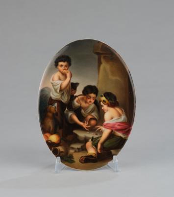 Porzellan-Bild "Buben beim Würfelspiel" nach Bartolomé Esteban Murillo, KPM 19./20. Jh., - Glas & Porzellan