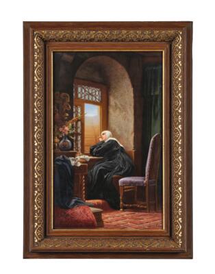 Porzellanbild "Gruß aus der Welt" nach Gustav Adolf Kunz (1843-1879), signiert Albert Scherf (1876-1953) - Vetri e porcellane