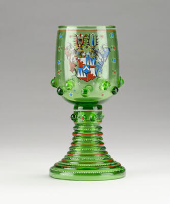 Wappenpokal, J. &  L. Lobmeyr, Ausführung Glas: Neuwelt, Veredelung Haida, Raffinerie Anton Ambros Egermann, um 1860/70, - Glass and Porcelain