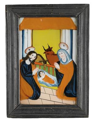 Behind-glass painting, Christmas story, - Antiques: Clocks, Metalwork, Asiatica, Faience, Folk art, Sculptures