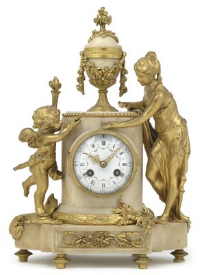 A small neoclassical marble column clock "Cupid and Venus" - Antiques: Clocks, Metalwork, Asiatica, Faience, Folk art, Sculptures
