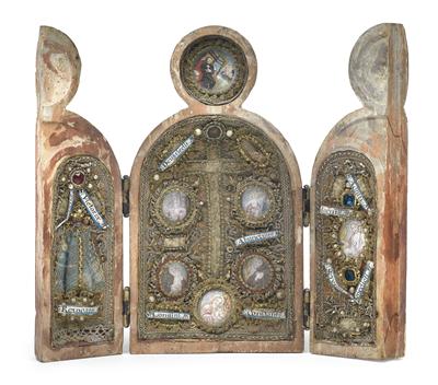 Travelling, folding altar, - Antiques: Clocks, Metalwork, Asiatica, Faience, Folk art, Sculptures