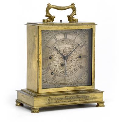 A Biedermeier officer's travel alarm from Vienna, "Erzherzog Carl Ferdinand dem Rittmeister Baron Nopcsa, 1843." - Antiques: Clocks, Metalwork, Asiatica, Faience, Folk art, Sculptures