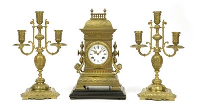 A Historism Period bronze mantelpiece set from Vienna, "D. Hollenbach" - Antiques: Clocks, Metalwork, Asiatica, Faience, Folk art, Sculptures